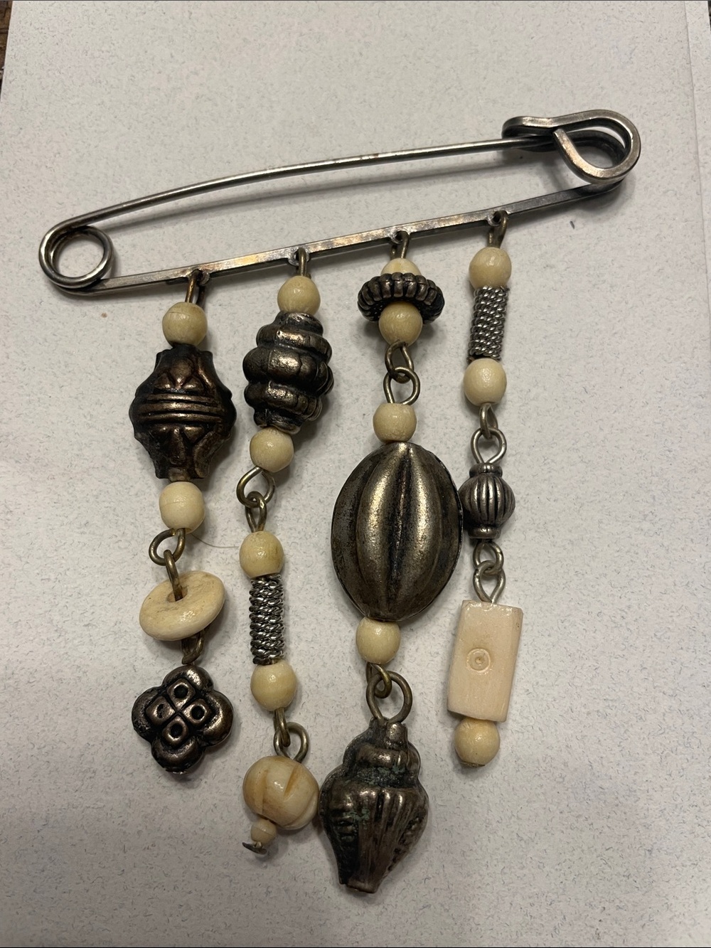 Silver-Tone and mixed metals Beaded Safety Pin Brooch with Carved Bone Beads